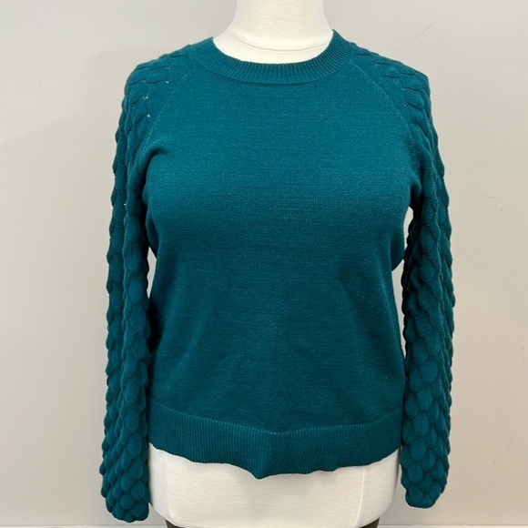 Lane Bryant Dark Teal Crew Neck Knit Sweater‎ Patterned Pointelle Sleeves 14/16 - Picture 1 of 16